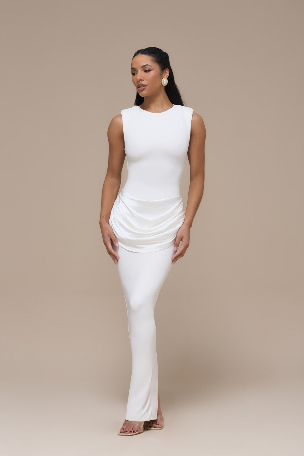 EMAN SLEEVELESS MAXI DRESS WITH SATIN DRAPED WAIST DETAIL | WHITE