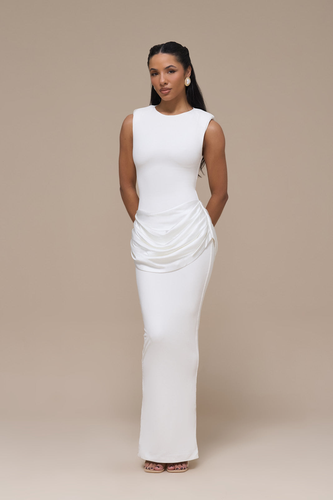 EMAN SLEEVELESS MAXI DRESS WITH SATIN DRAPED WAIST DETAIL | WHITE