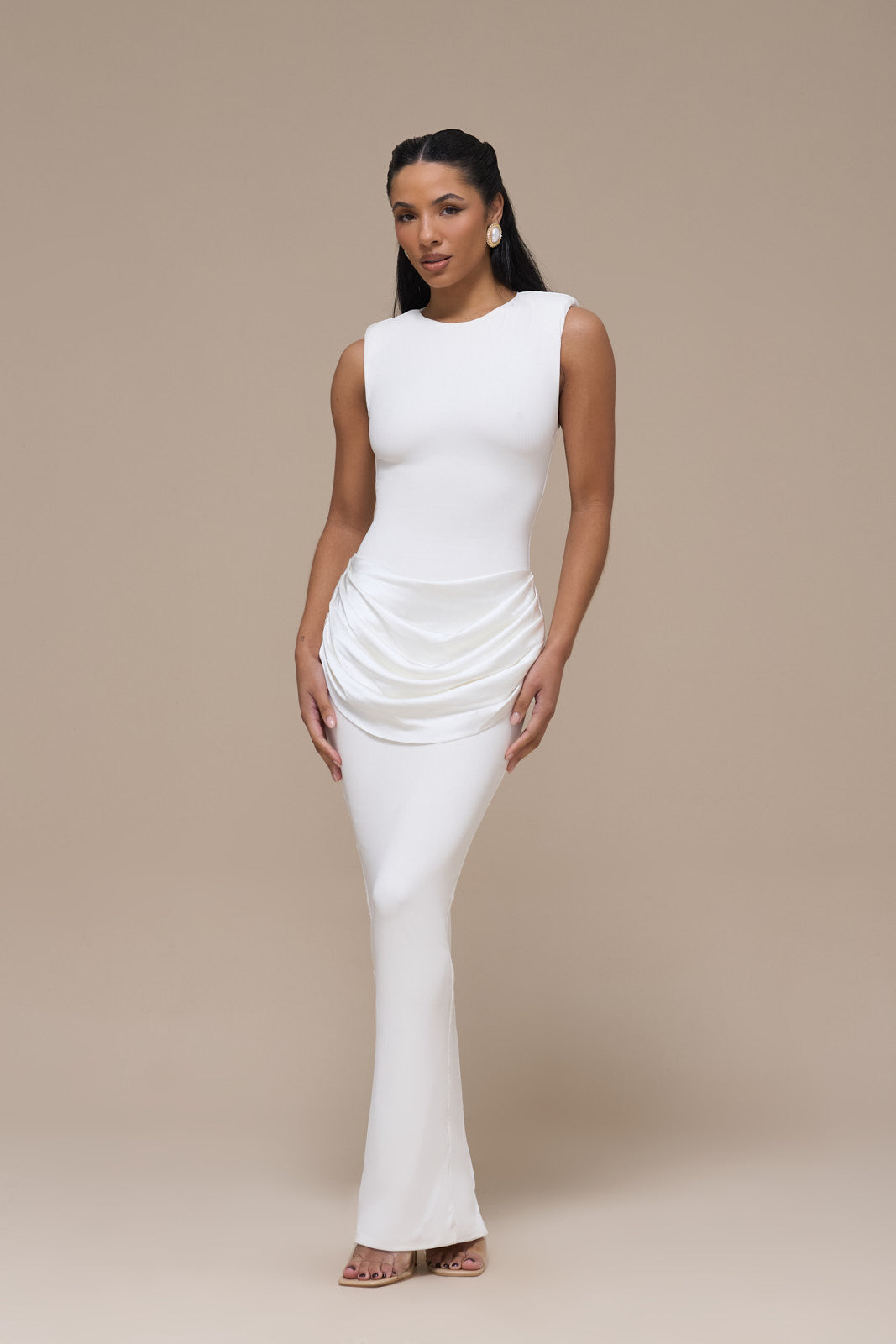 EMAN SLEEVELESS MAXI DRESS WITH SATIN DRAPED WAIST DETAIL | WHITE