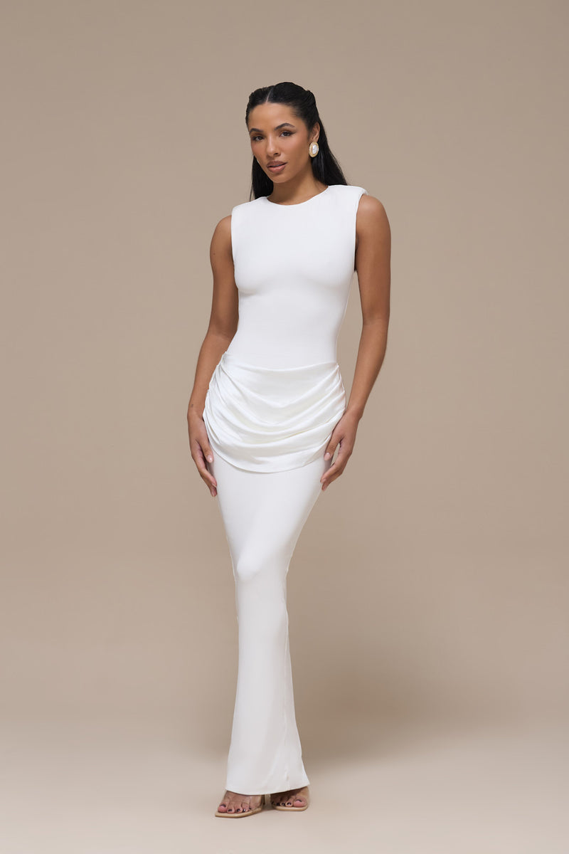EMAN SLEEVELESS MAXI DRESS WITH SATIN DRAPED WAIST DETAIL | WHITE