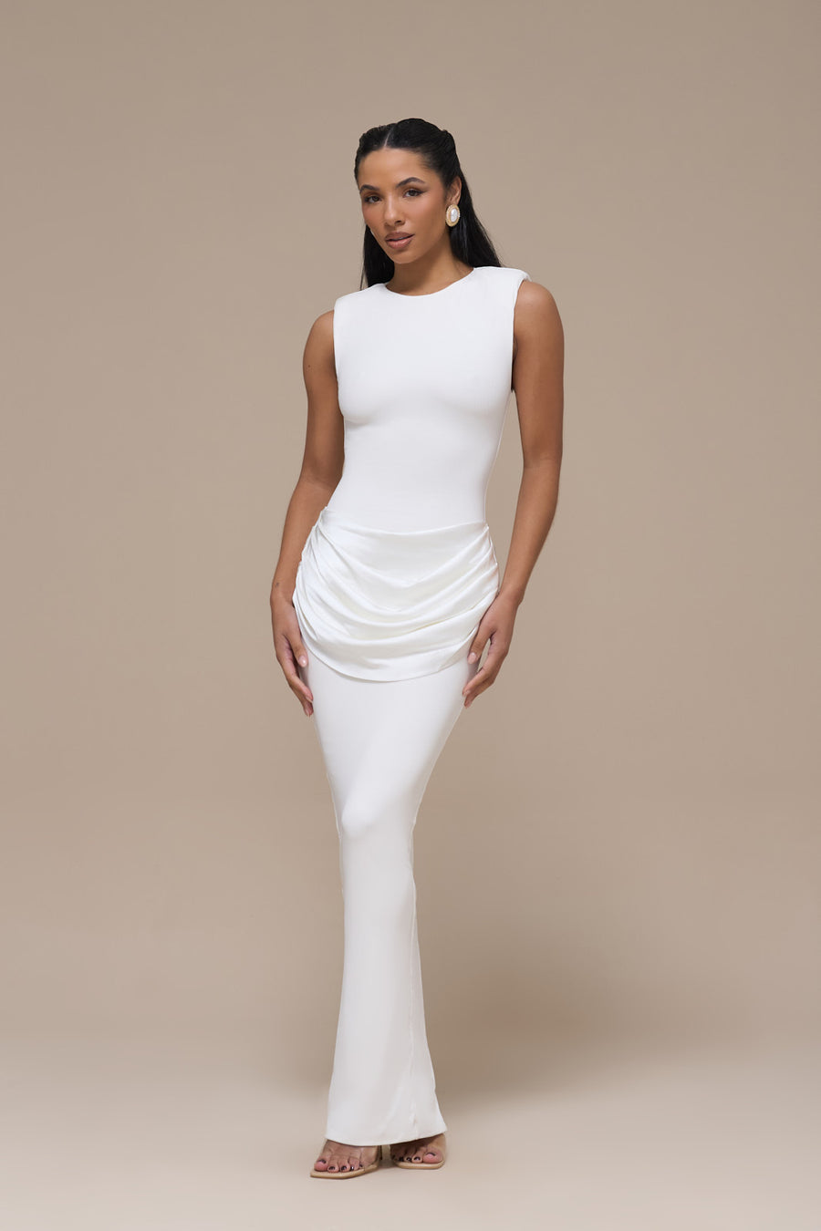 EMAN SLEEVELESS MAXI DRESS WITH SATIN DRAPED WAIST DETAIL | WHITE