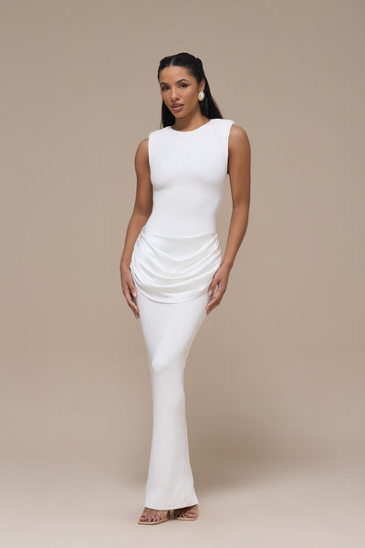 EMAN SLEEVELESS MAXI DRESS WITH SATIN DRAPED WAIST DETAIL