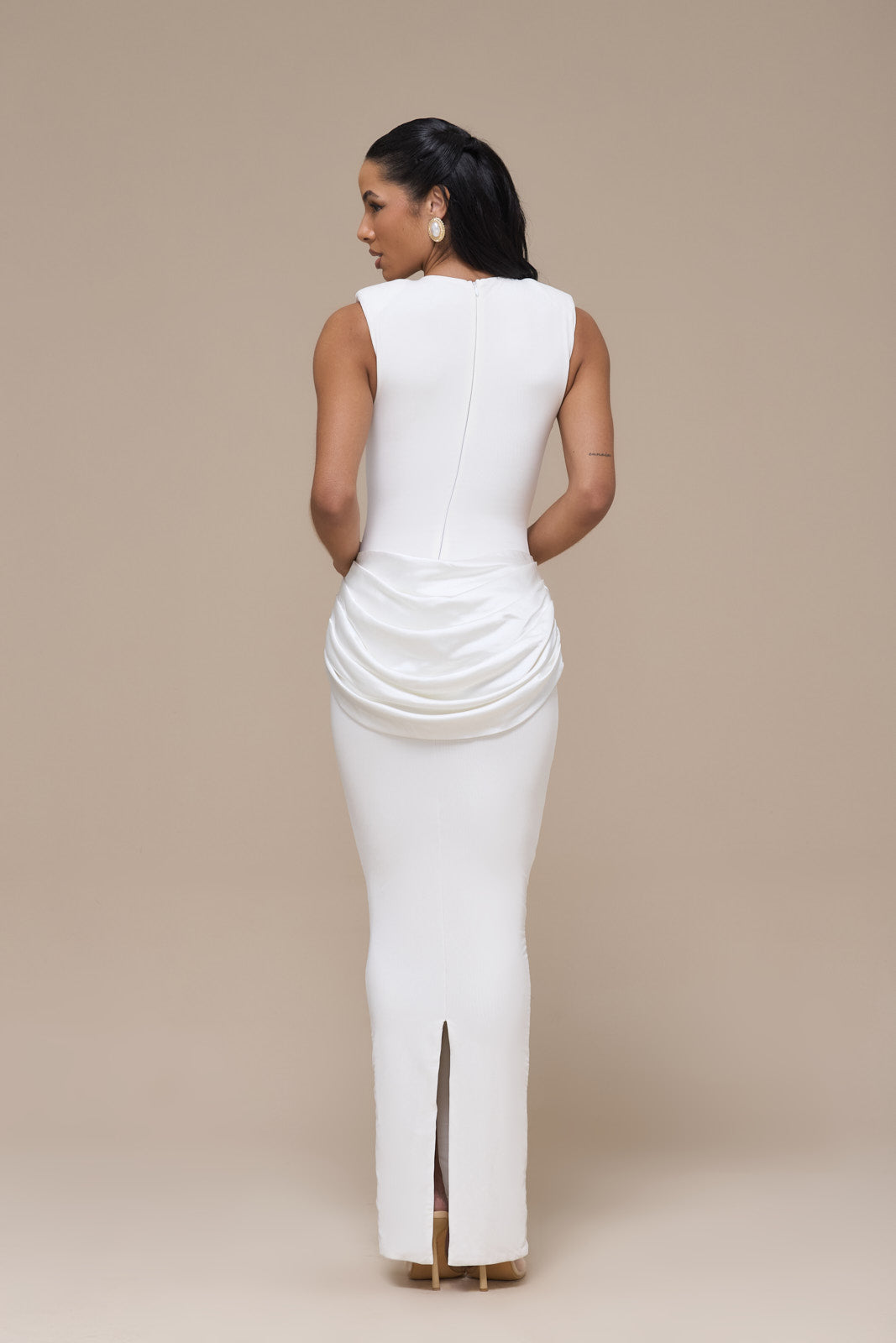 EMAN SLEEVELESS MAXI DRESS WITH SATIN DRAPED WAIST DETAIL | WHITE