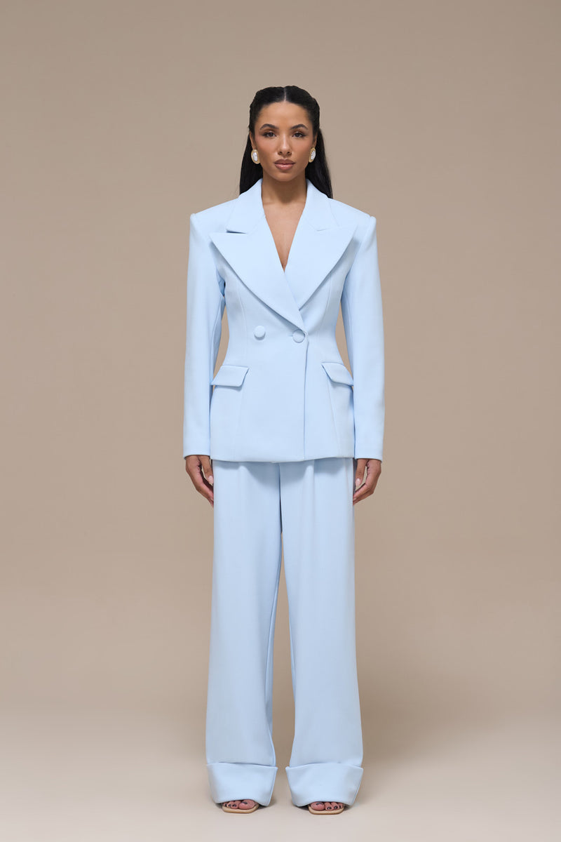 CHARLOTTE HIGH WAIST PLEATED SUITING TROUSERS WITH ADJUSTABLE WAIST | BABY BLUE
