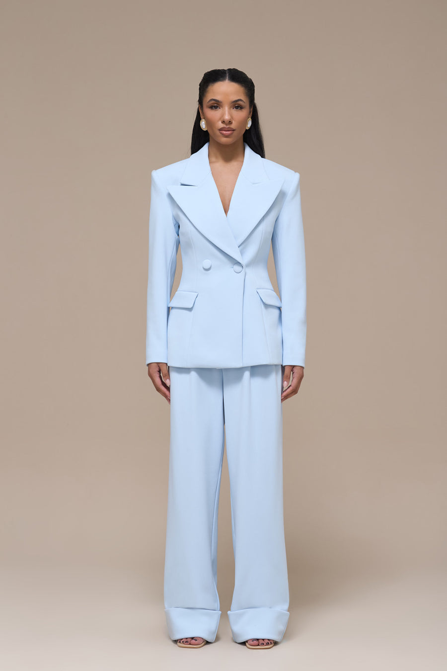 CHARLOTTE HIGH WAIST PLEATED SUITING TROUSERS WITH ADJUSTABLE WAIST | BABY BLUE