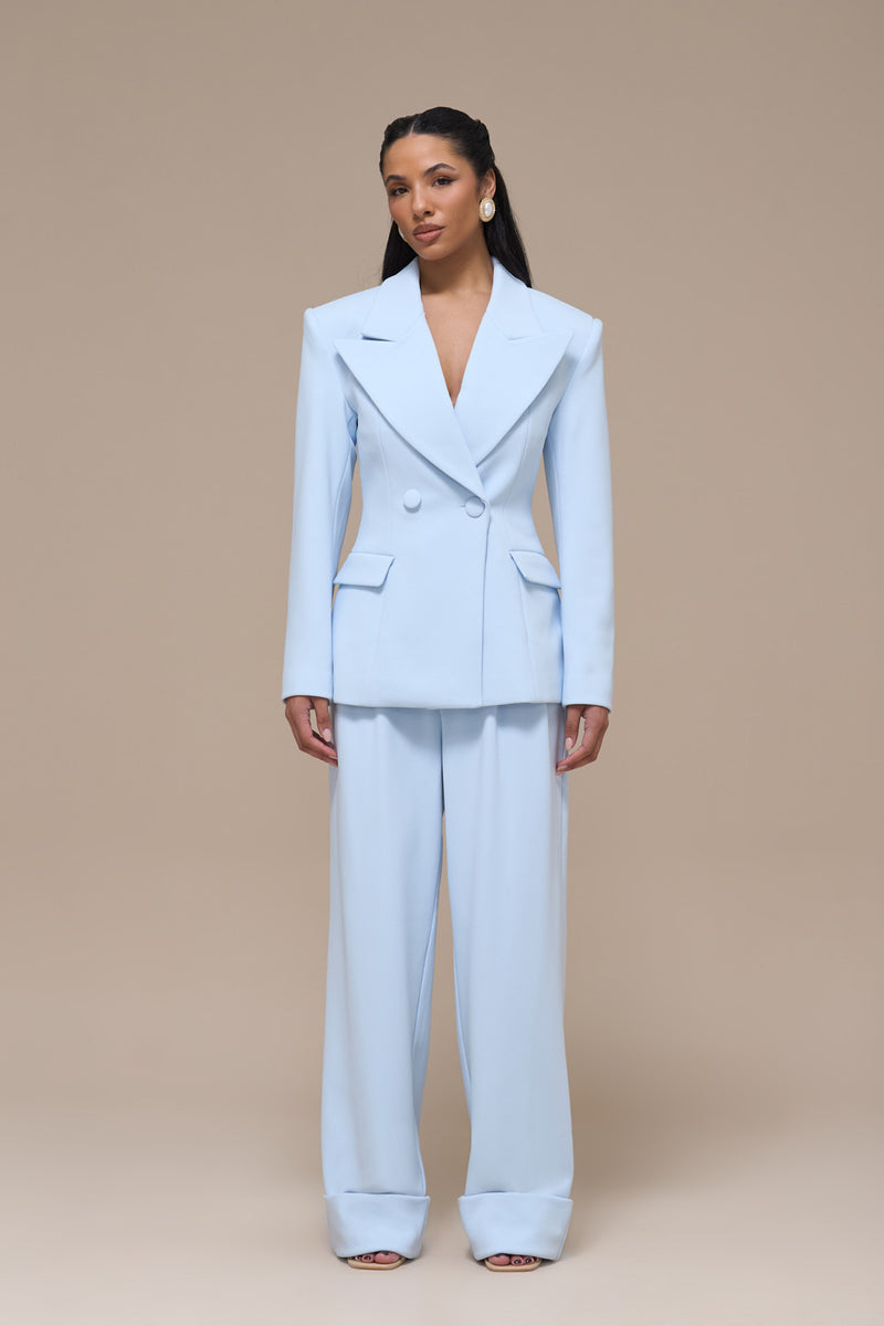 CHARLOTTE HIGH WAIST PLEATED SUITING TROUSERS WITH ADJUSTABLE WAIST | BABY BLUE