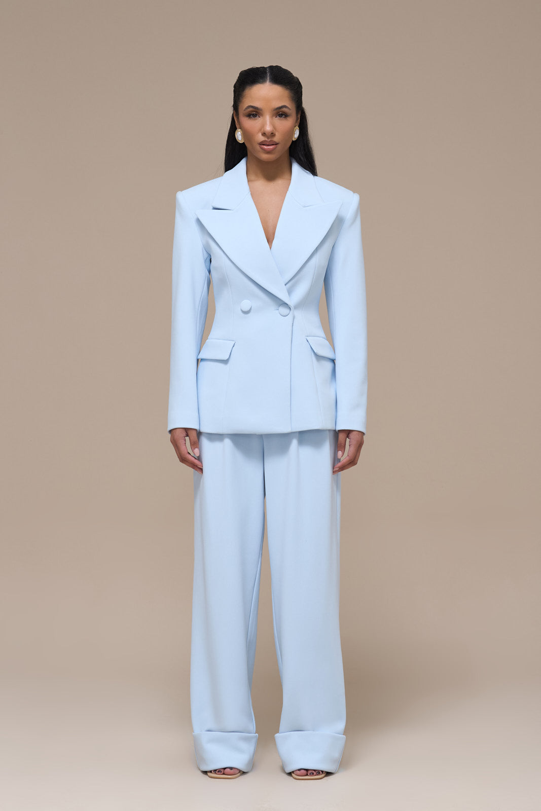 CHARLOTTE HIGH WAIST PLEATED SUITING TROUSERS WITH ADJUSTABLE WAIST | BABY BLUE