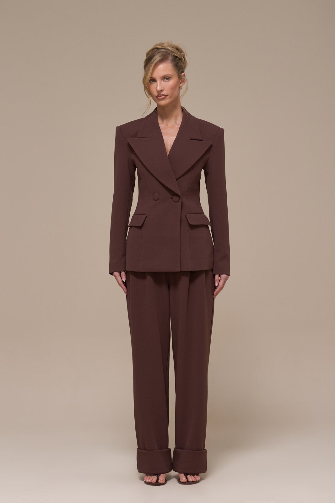 CHARLOTTE HIGH WAIST PLEATED SUITING TROUSERS WITH ADJUSTABLE WAIST | CHOCOLATE