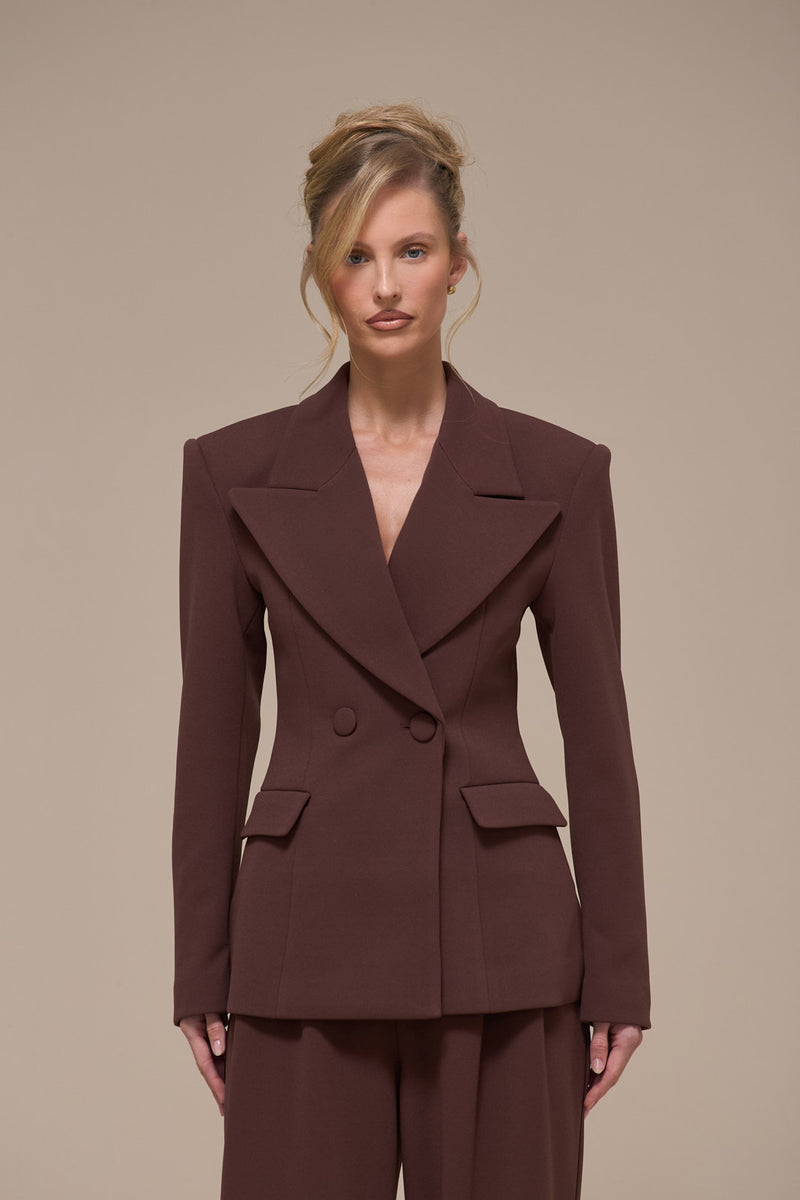 CHARLOTTE DOUBLE BREASTED PADDED SUITING JACKET | CHOCOLATE