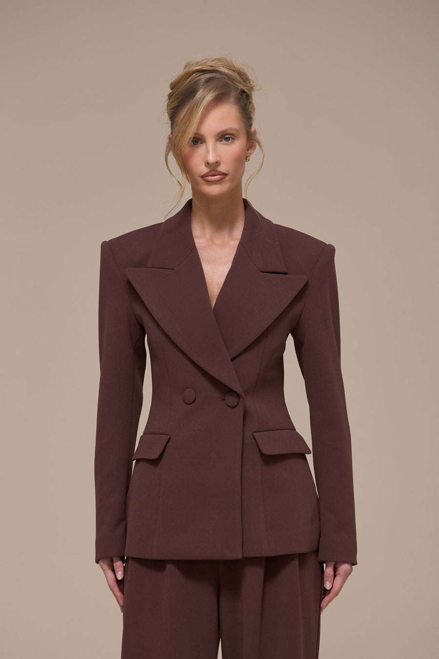 CHARLOTTE DOUBLE BREASTED PADDED SUITING JACKET | CHOCOLATE