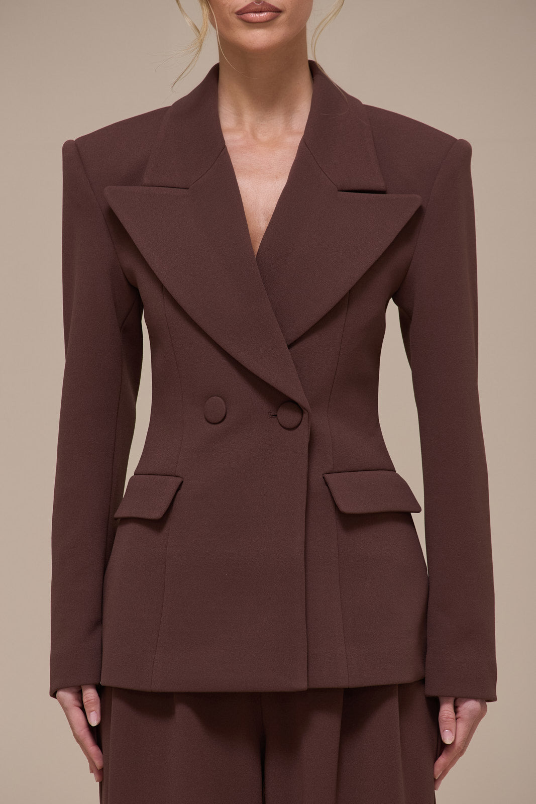 CHARLOTTE DOUBLE BREASTED PADDED SUITING JACKET | CHOCOLATE