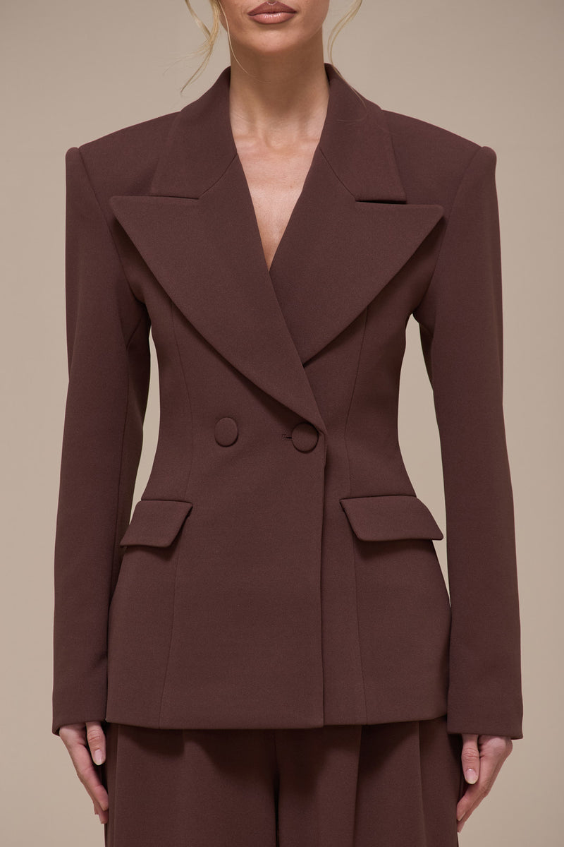 CHARLOTTE DOUBLE BREASTED PADDED SUITING JACKET | CHOCOLATE
