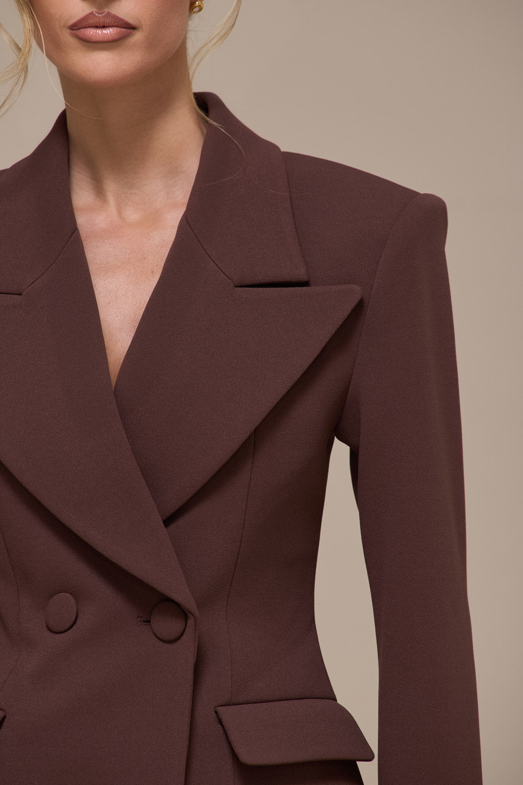 CHARLOTTE DOUBLE BREASTED PADDED SUITING JACKET | CHOCOLATE