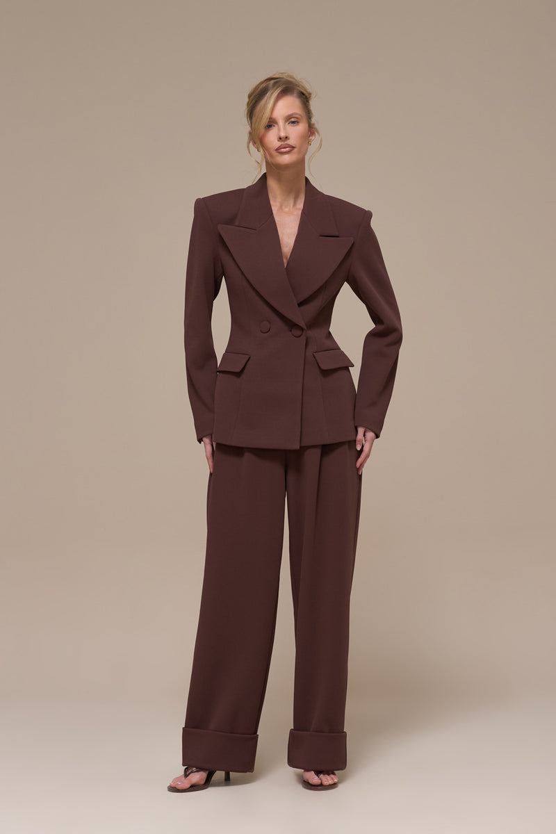 CHARLOTTE HIGH WAIST PLEATED SUITING TROUSERS WITH ADJUSTABLE WAIST | CHOCOLATE