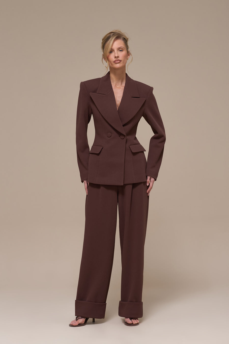 CHARLOTTE HIGH WAIST PLEATED SUITING TROUSERS WITH ADJUSTABLE WAIST | CHOCOLATE