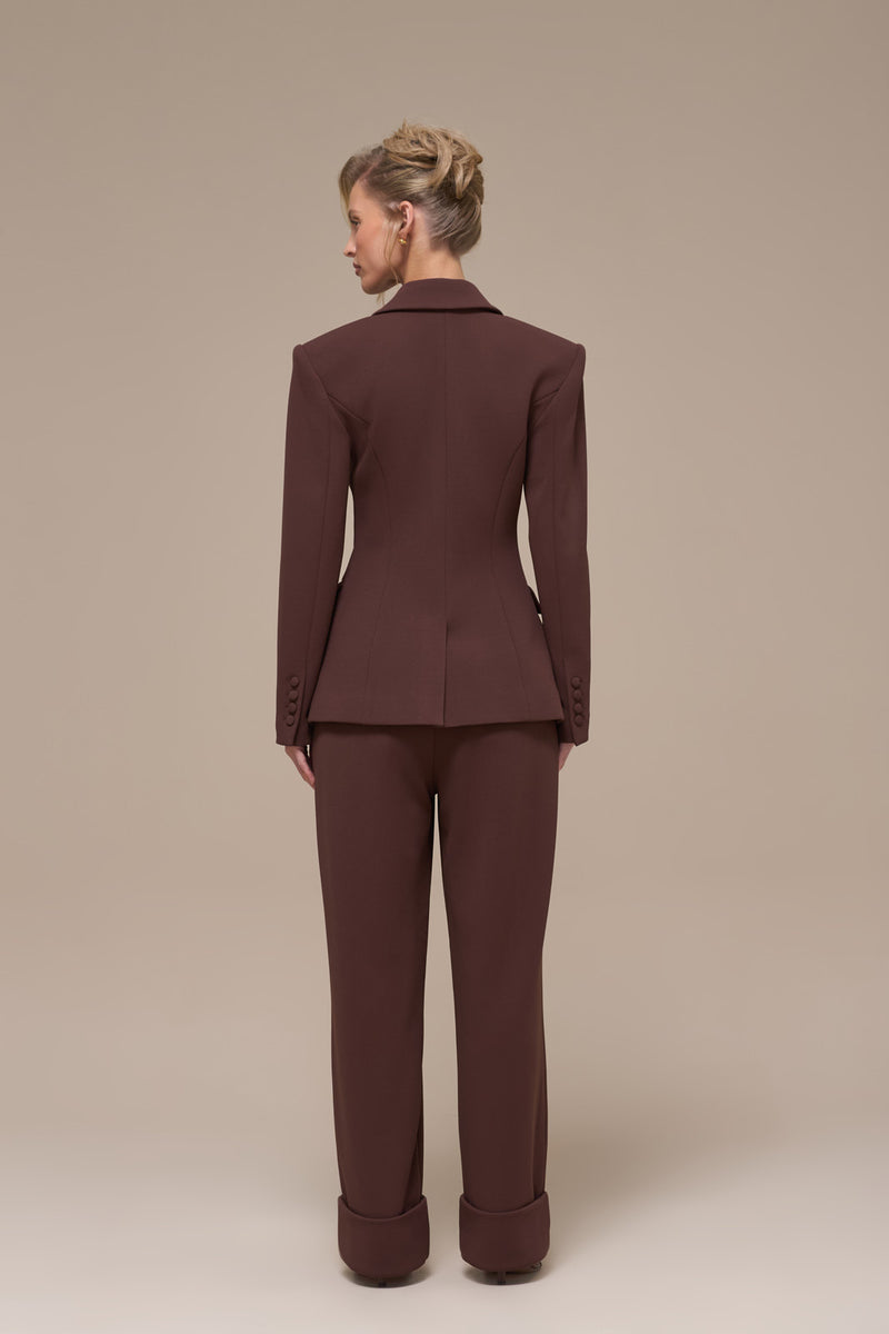 CHARLOTTE HIGH WAIST PLEATED SUITING TROUSERS WITH ADJUSTABLE WAIST | CHOCOLATE