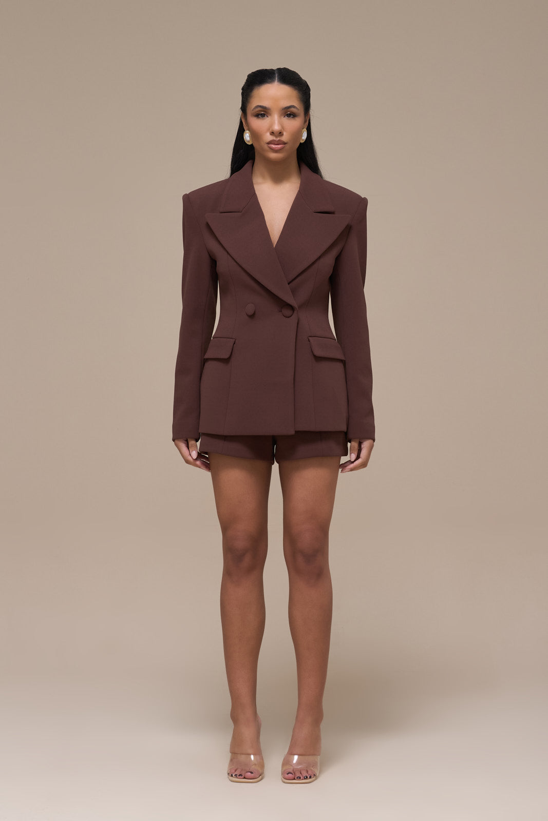 CHARLOTTE MID WAIST SUITING MINI SHORTS WITH ADJUSTABLE WAIST | CHOCOLATE