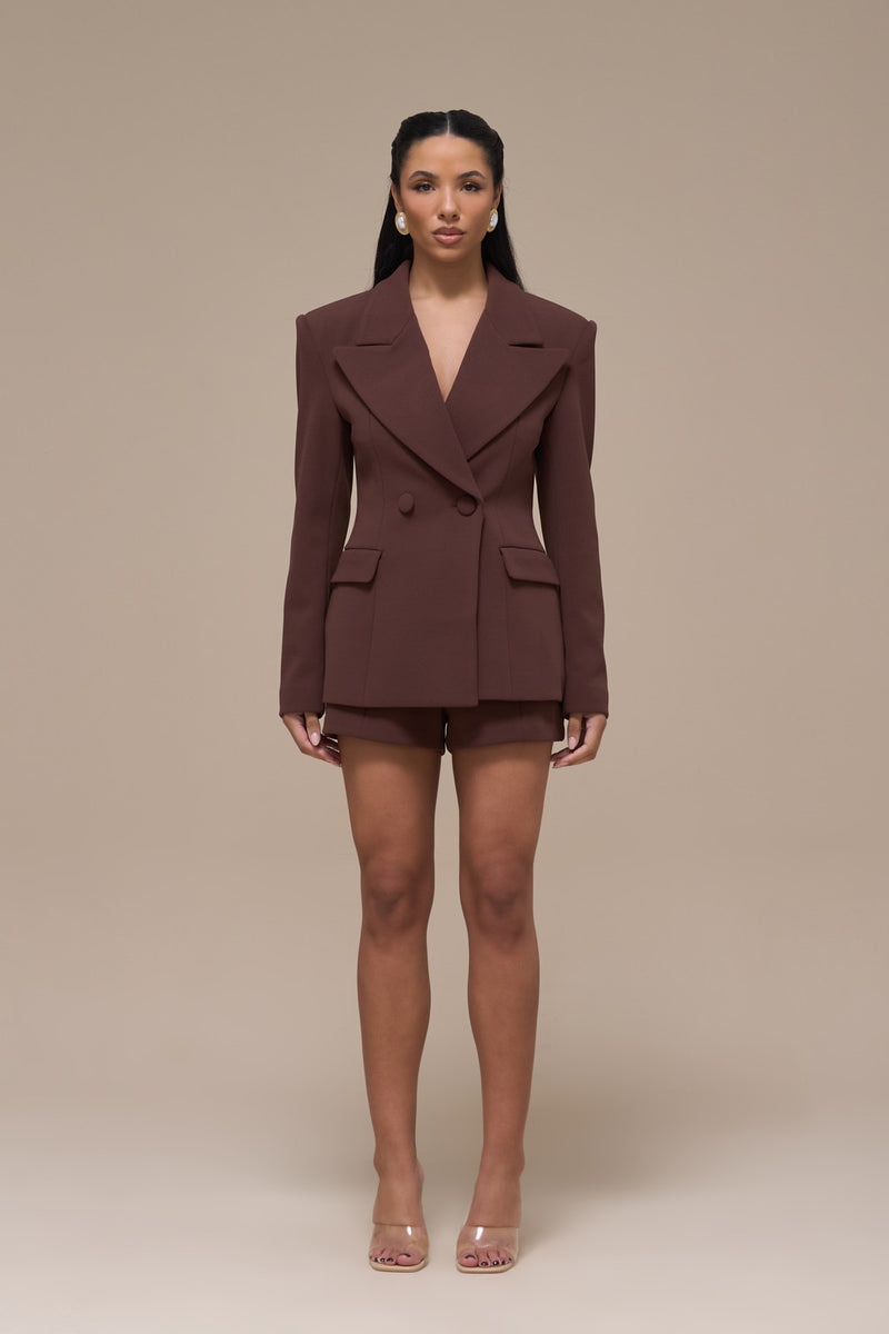 CHARLOTTE MID WAIST SUITING MINI SHORTS WITH ADJUSTABLE WAIST | CHOCOLATE
