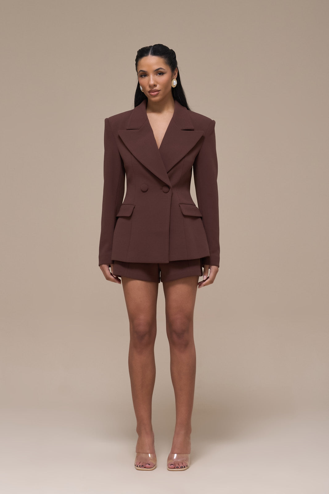 CHARLOTTE MID WAIST SUITING MINI SHORTS WITH ADJUSTABLE WAIST | CHOCOLATE