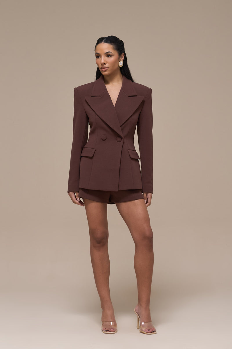 CHARLOTTE MID WAIST SUITING MINI SHORTS WITH ADJUSTABLE WAIST | CHOCOLATE