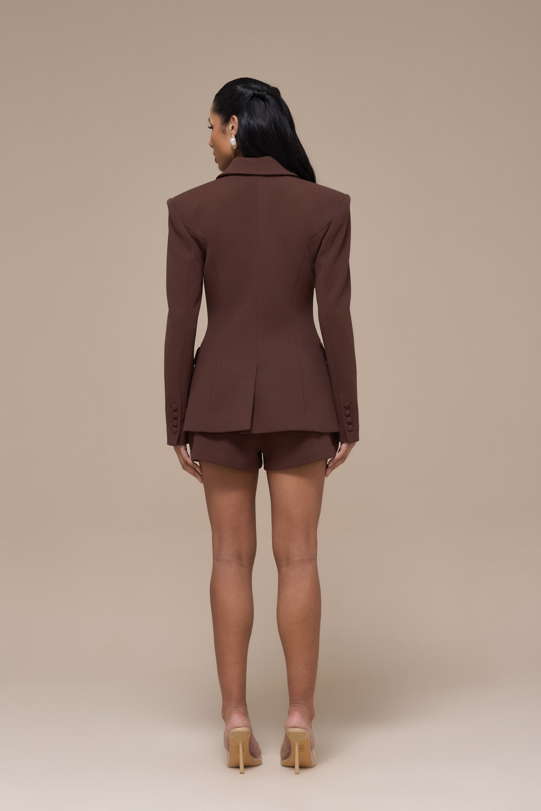 CHARLOTTE MID WAIST SUITING MINI SHORTS WITH ADJUSTABLE WAIST | CHOCOLATE