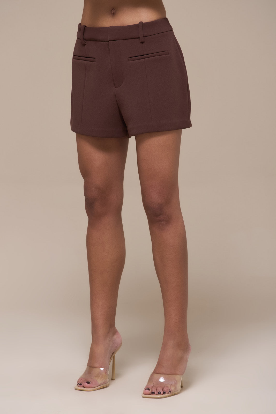 CHARLOTTE MID WAIST SUITING MINI SHORTS WITH ADJUSTABLE WAIST | CHOCOLATE