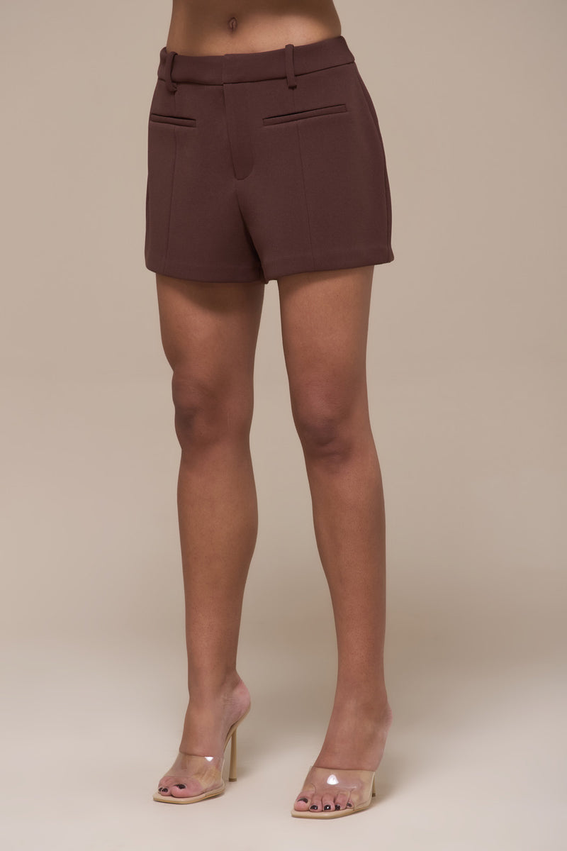 CHARLOTTE MID WAIST SUITING MINI SHORTS WITH ADJUSTABLE WAIST | CHOCOLATE
