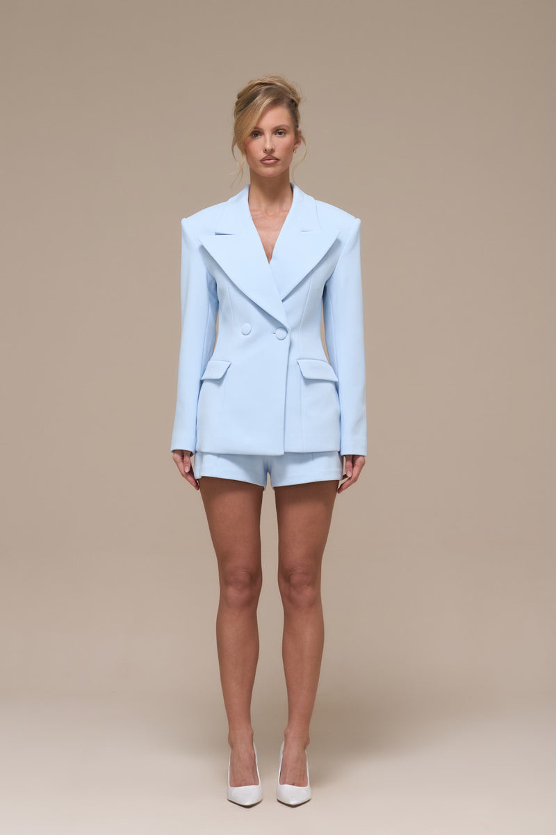 CHARLOTTE MID WAIST SUITING MINI SHORTS WITH ADJUSTABLE WAIST | BABY BLUE