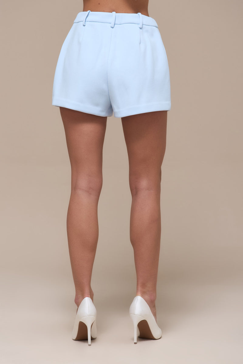 CHARLOTTE MID WAIST SUITING MINI SHORTS WITH ADJUSTABLE WAIST | BABY BLUE