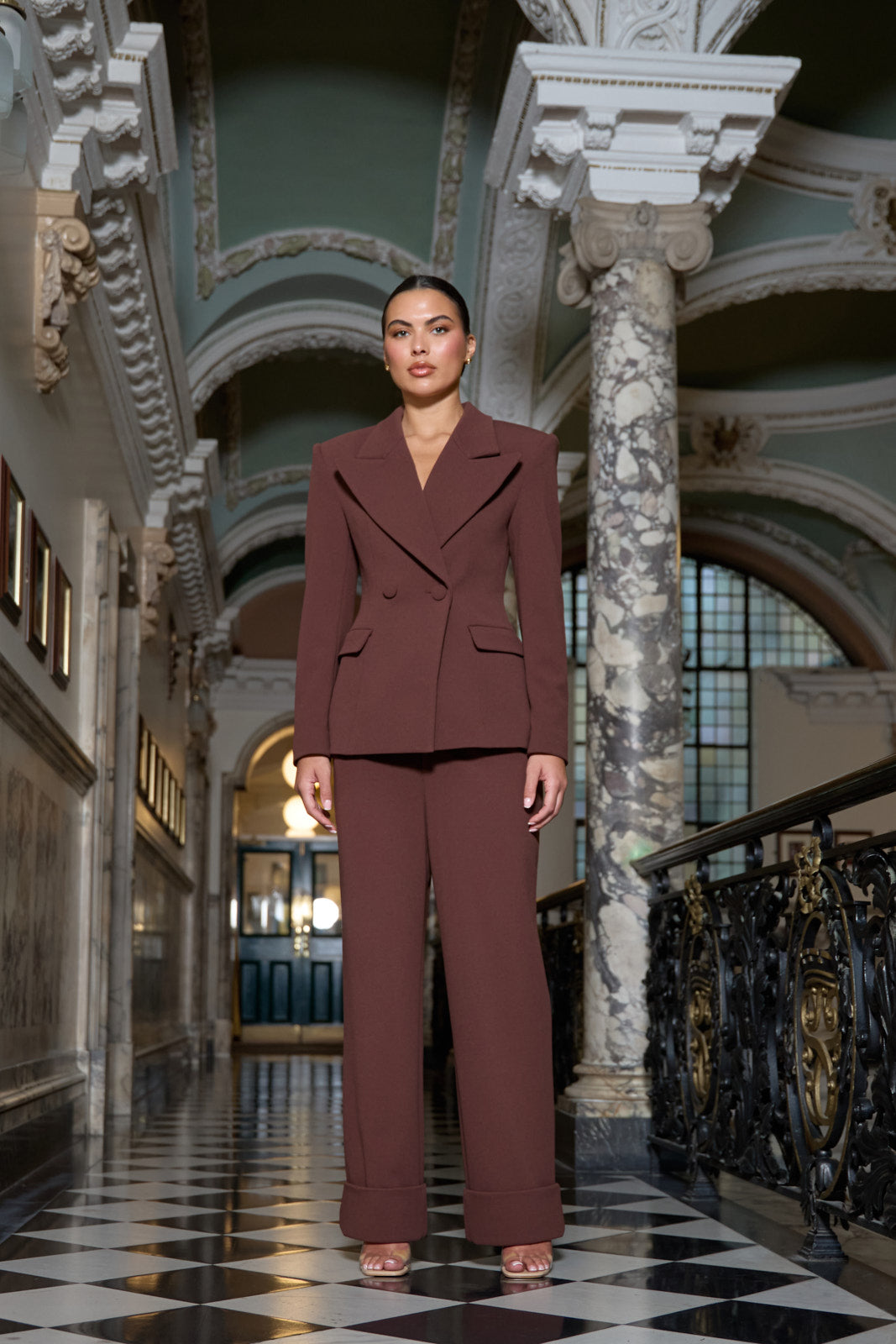 CHARLOTTE HIGH WAIST PLEATED SUITING TROUSERS WITH ADJUSTABLE WAIST | CHOCOLATE