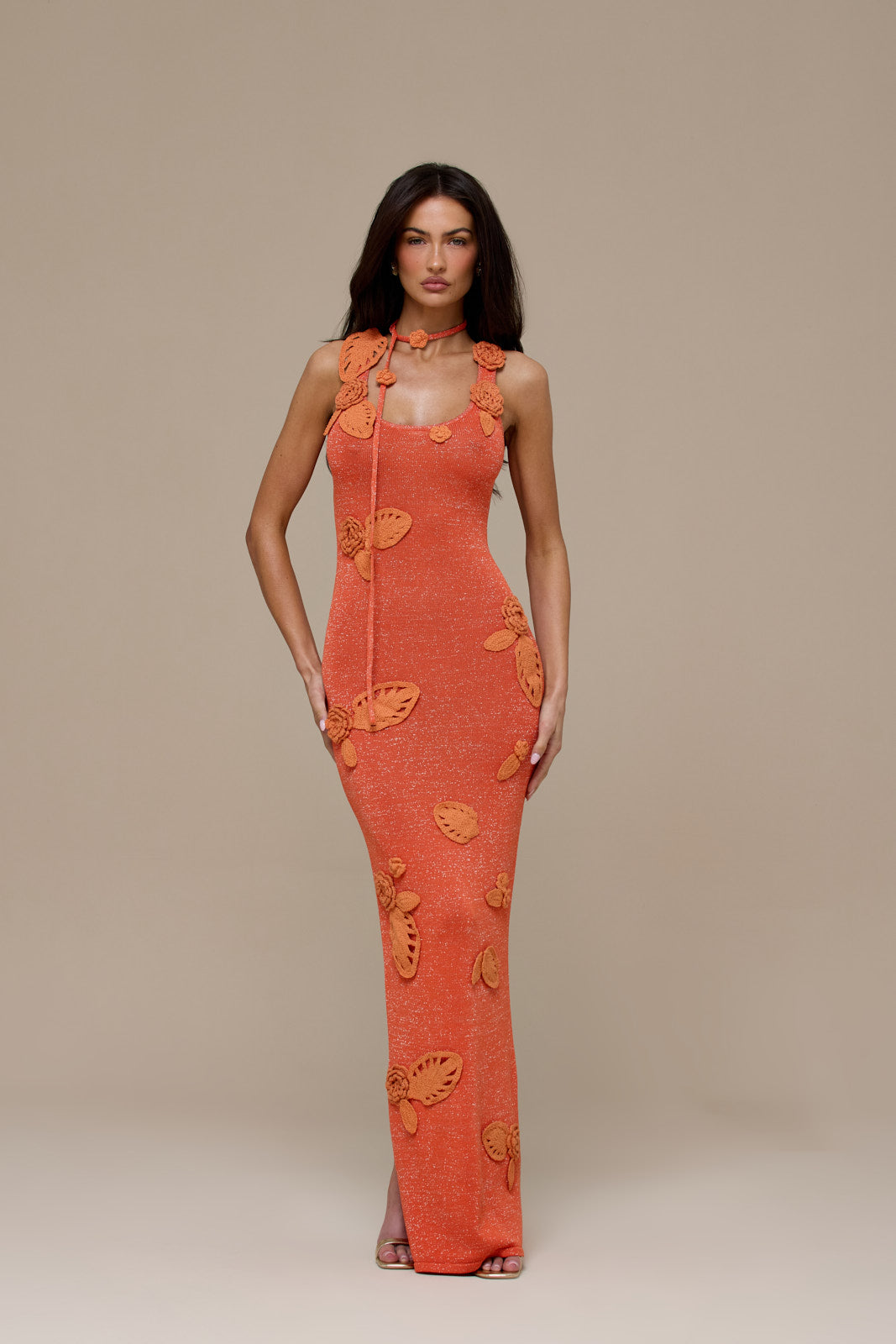 EDEN KNITTED MAXI DRESS WITH FLORAL APPLIQUÉ