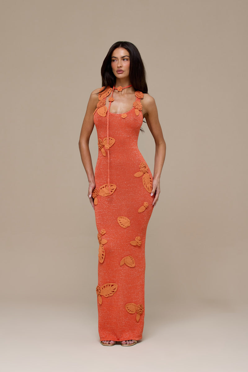EDEN KNITTED MAXI DRESS WITH FLORAL APPLIQUÉ | ORANGE