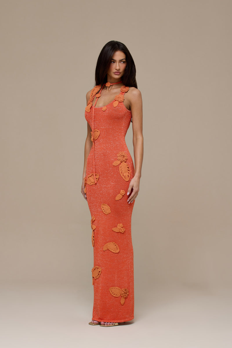 EDEN KNITTED MAXI DRESS WITH FLORAL APPLIQUÉ | ORANGE