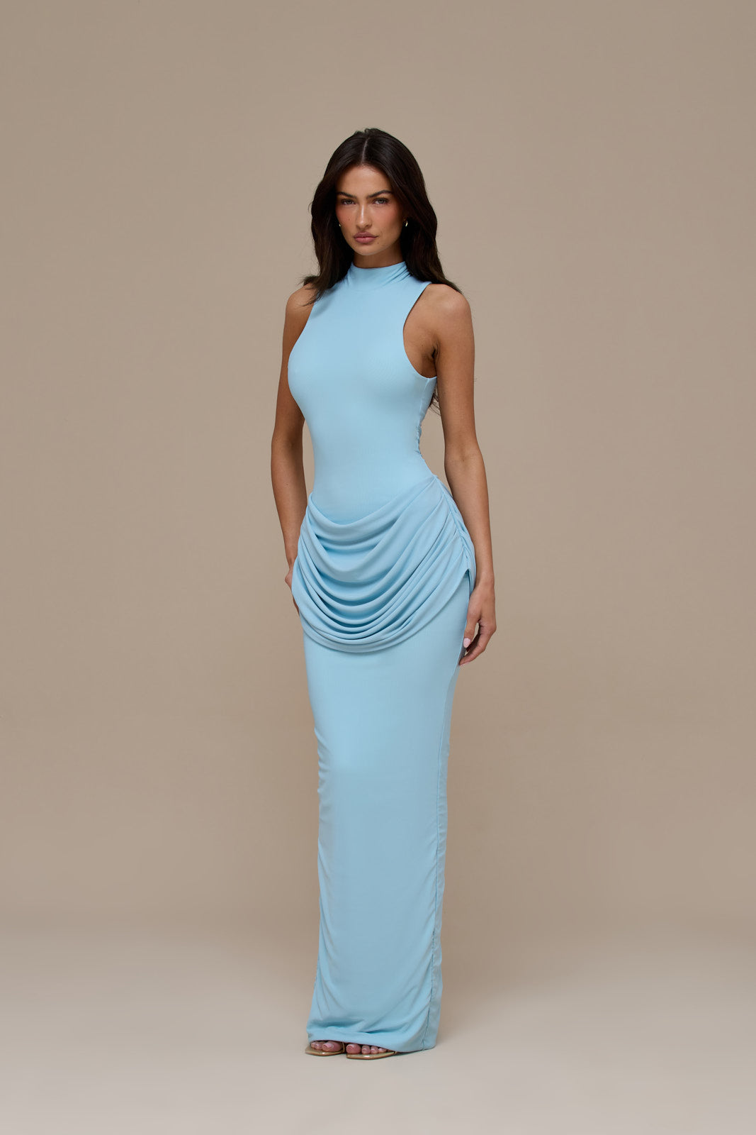 ARI SLEEVELESS MAXI DRESS DRAPED RUCHED WAIST DETAIL | BABY BLUE