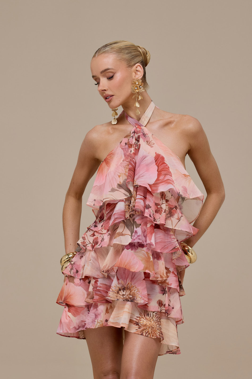 PRIMROSE HALTER NECK TIERED RUFFLE MINI DRESS | FLORAL PRINT