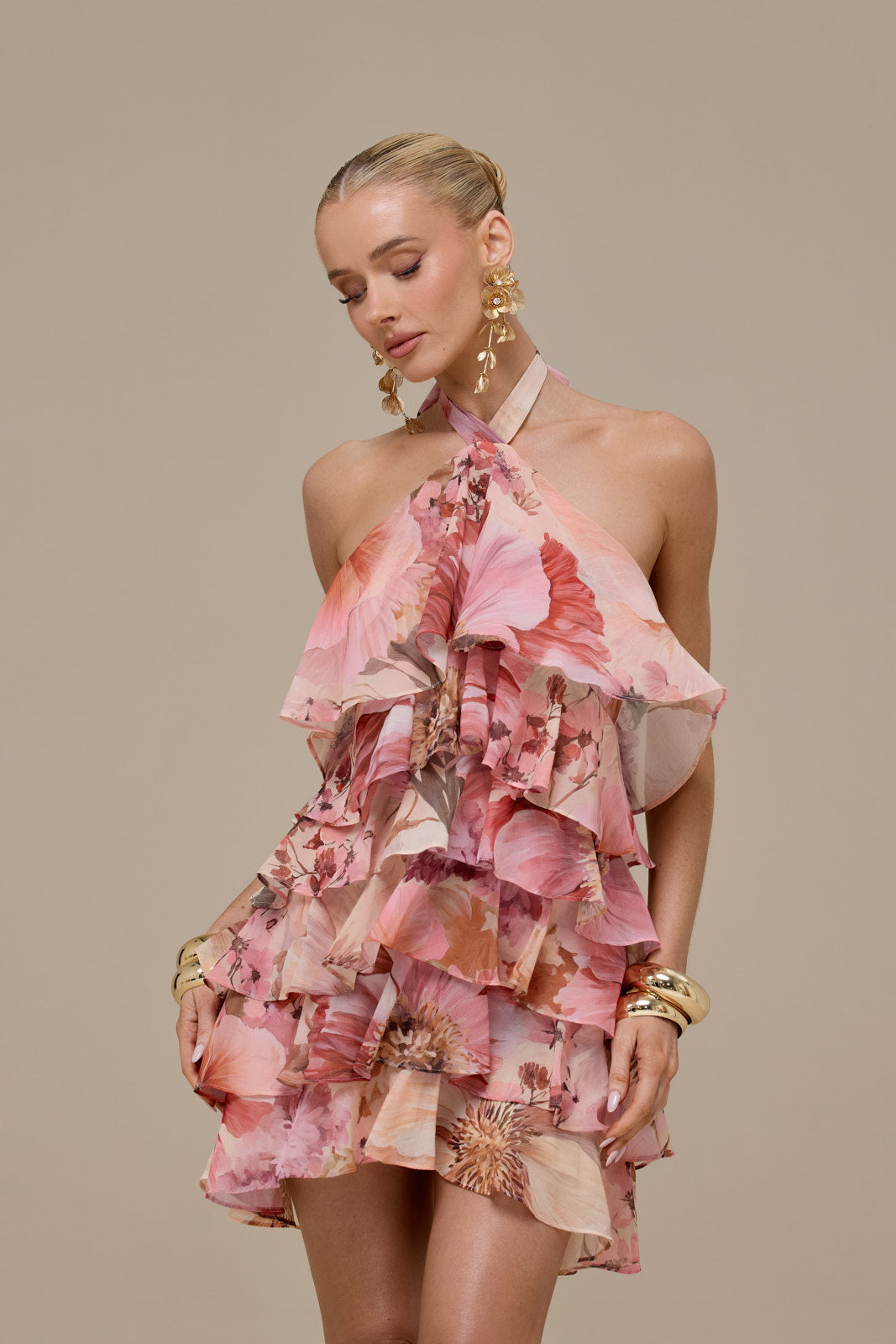 PRIMROSE HALTER NECK TIERED RUFFLE MINI DRESS | FLORAL PRINT