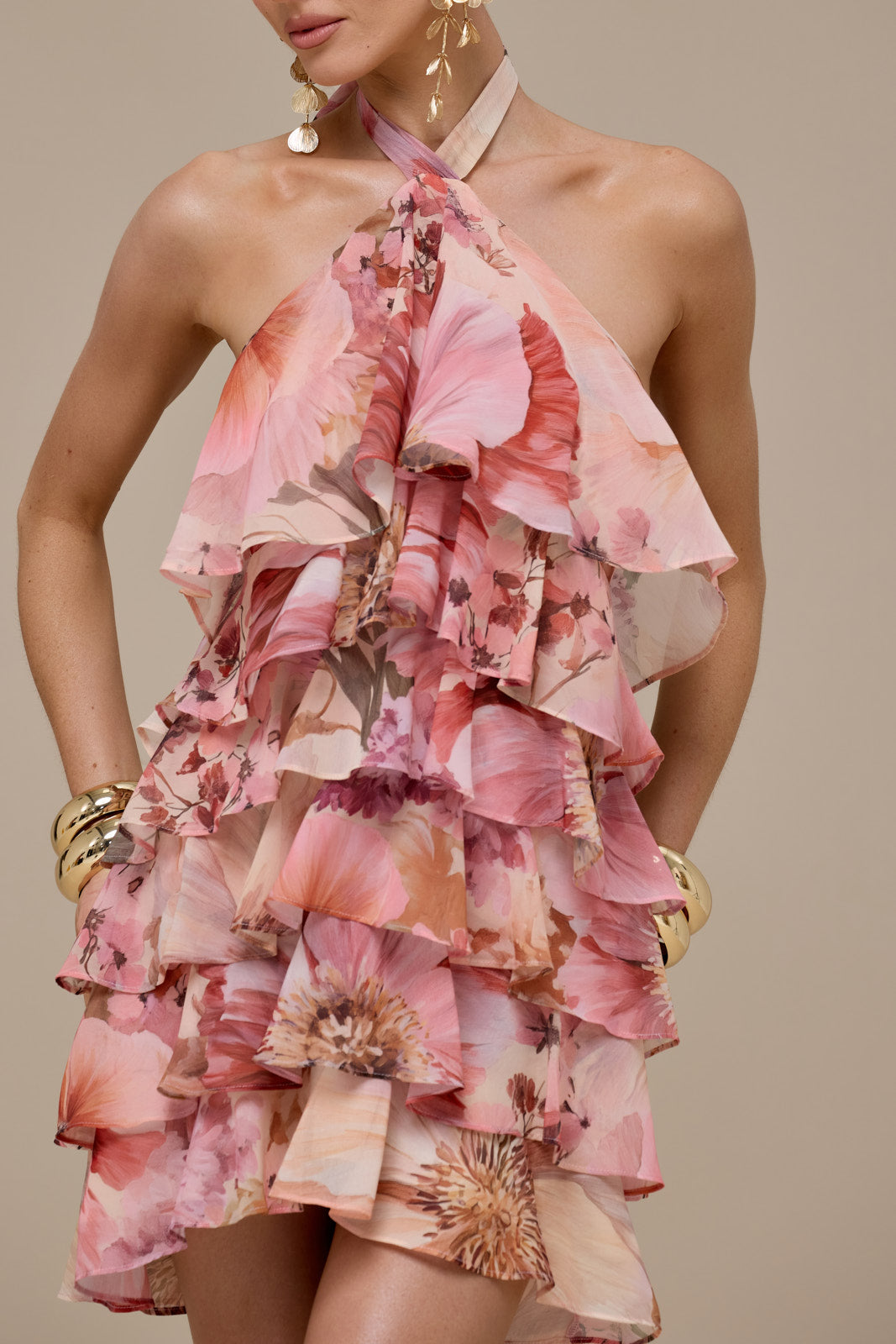 PRIMROSE HALTER NECK TIERED RUFFLE MINI DRESS | FLORAL PRINT