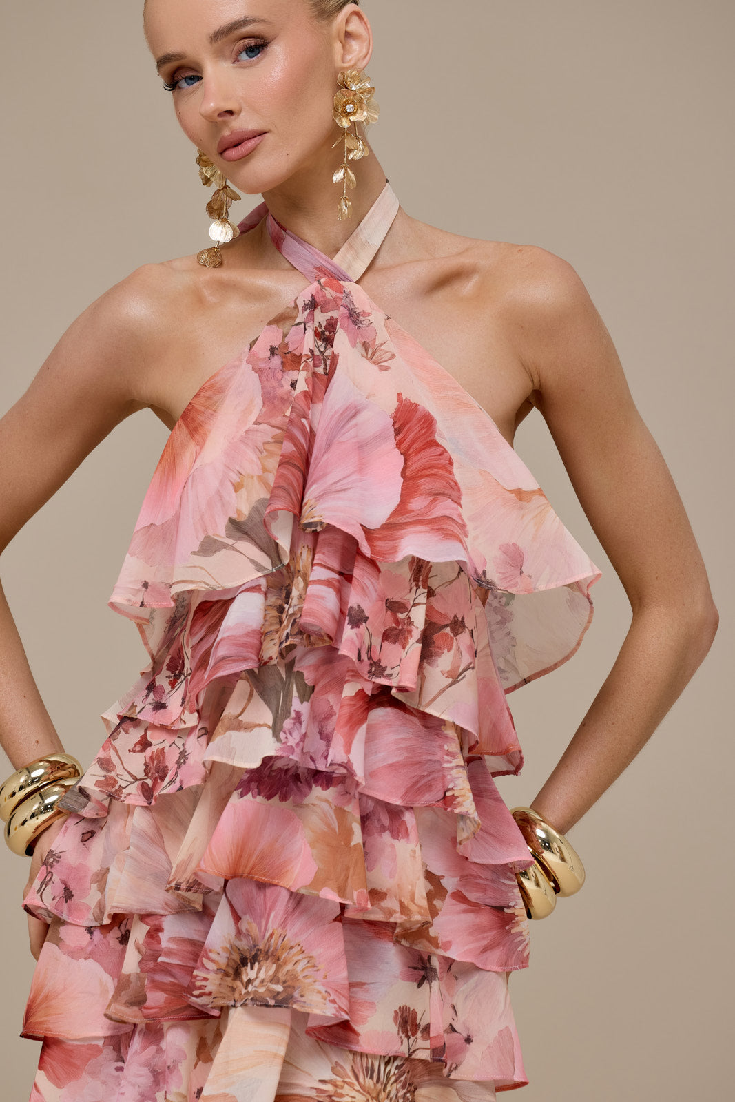 PRIMROSE HALTER NECK TIERED RUFFLE MINI DRESS | FLORAL PRINT