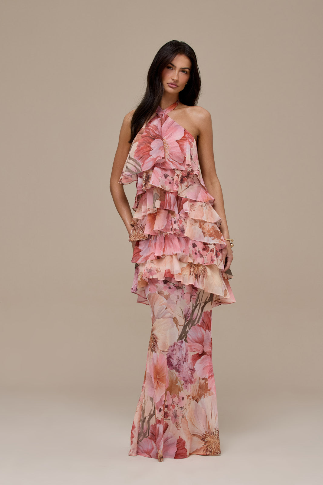 PRIMROSE HALTER NECK TIERED RUFFLE MINI DRESS | FLORAL PRINT