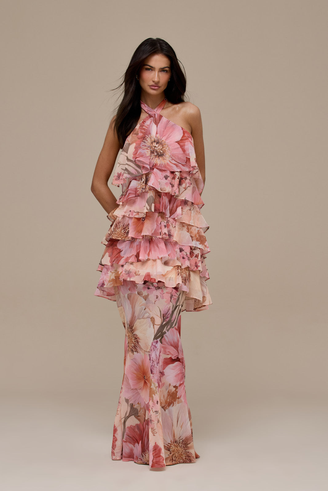 PRIMROSE HALTER NECK TIERED RUFFLE MINI DRESS | FLORAL PRINT