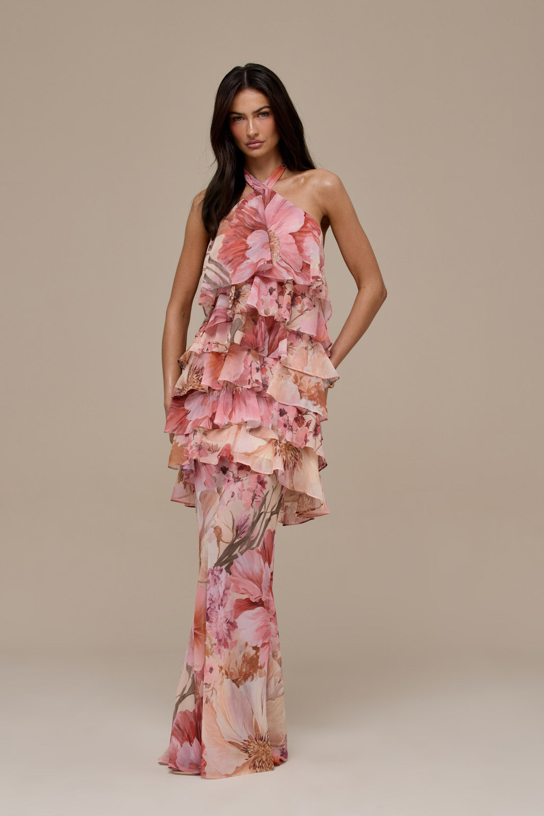 PRIMROSE HALTER NECK TIERED RUFFLE MINI DRESS | FLORAL PRINT