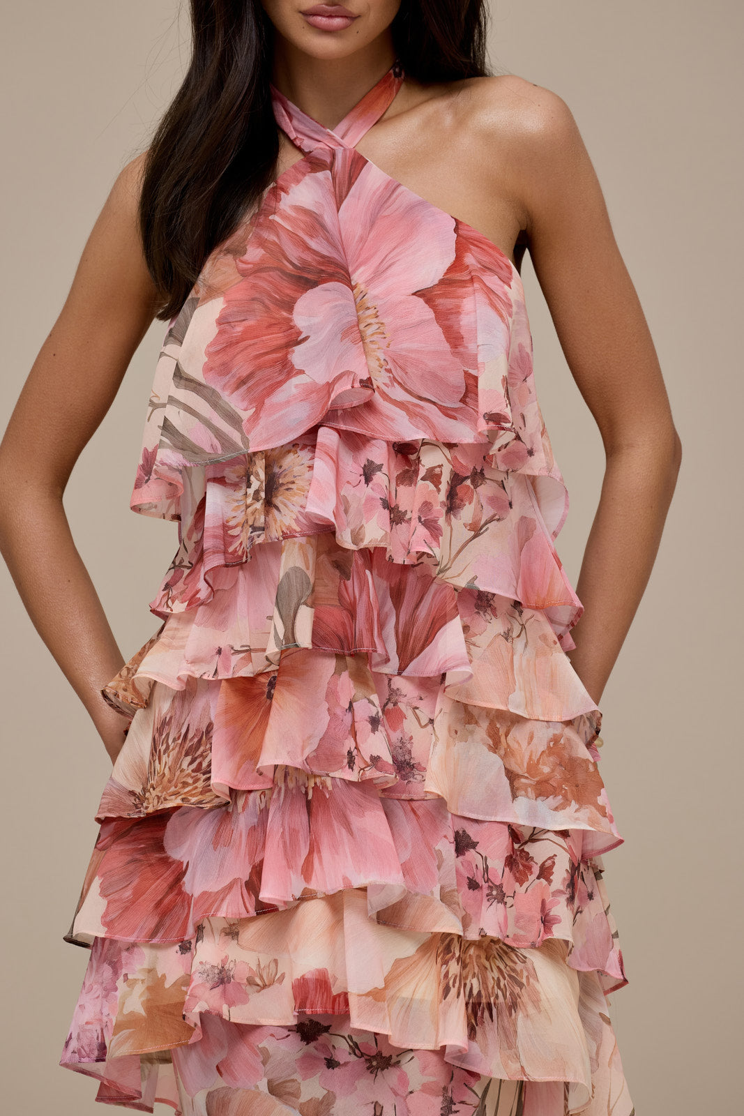 PRIMROSE HALTER NECK TIERED RUFFLE MINI DRESS | FLORAL PRINT