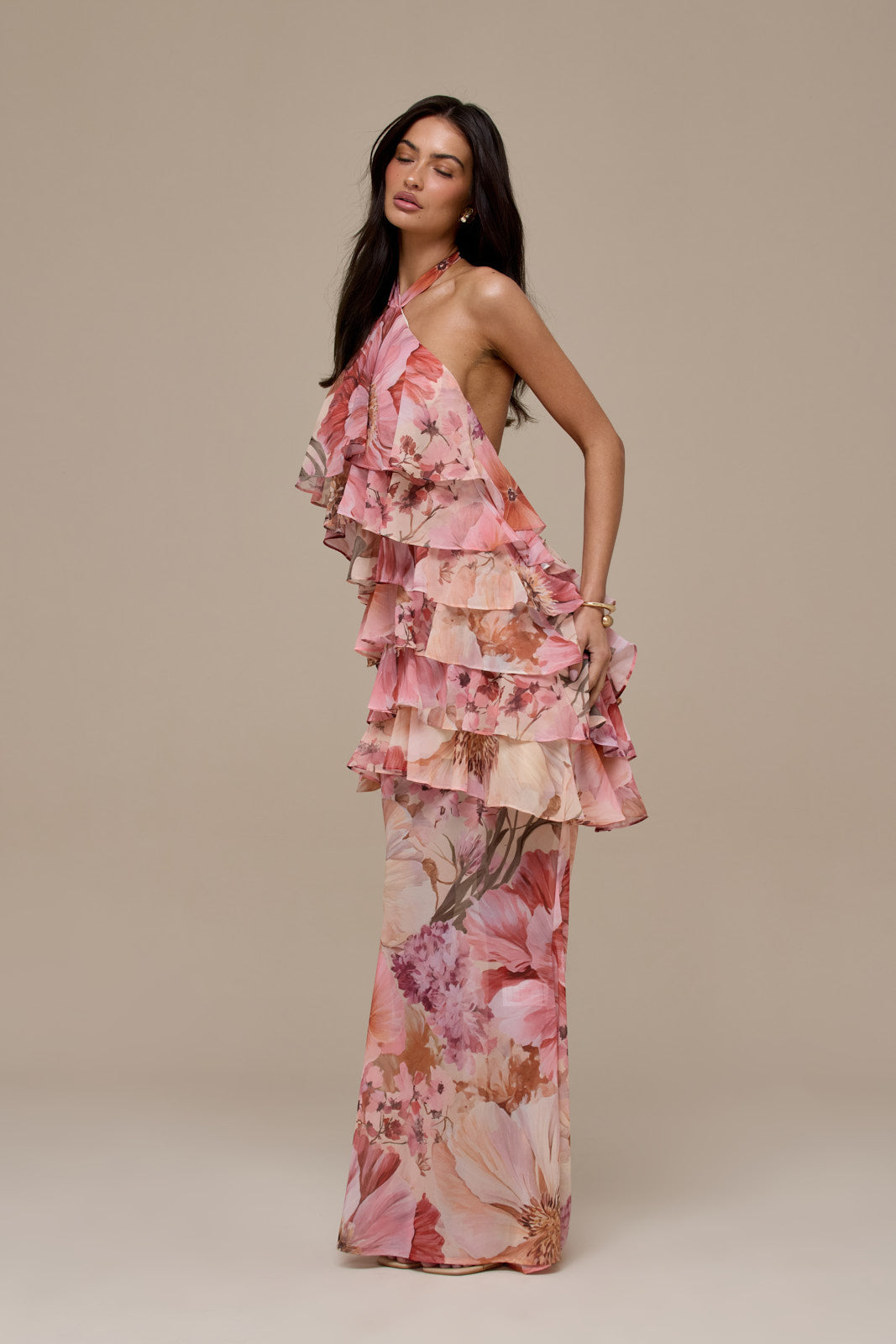PRIMROSE HALTER NECK TIERED RUFFLE MINI DRESS | FLORAL PRINT