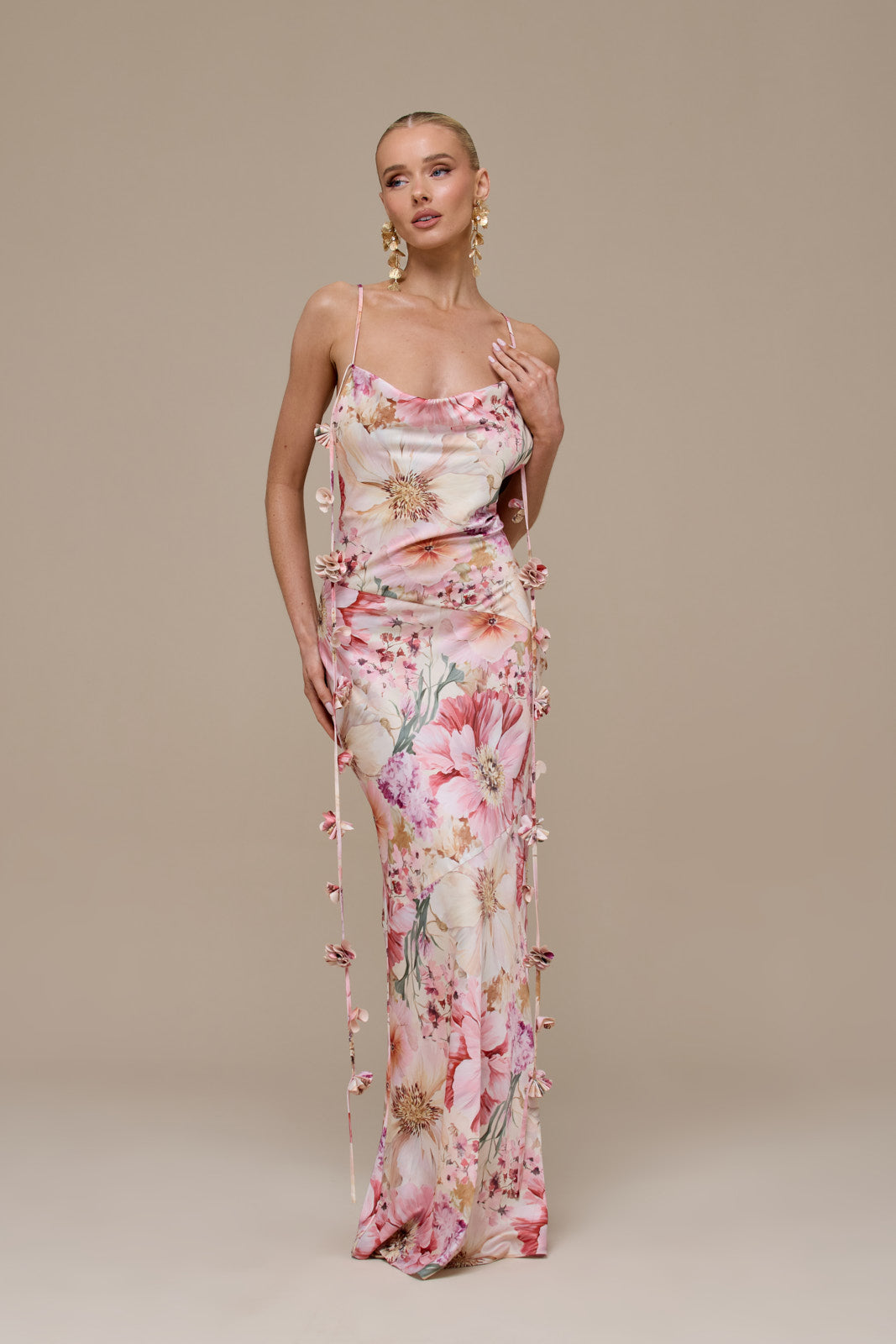 ARIA SATIN COWL NECK  MAXI DRESS WITH FLOWER DETAIL | FLORAL PRINT