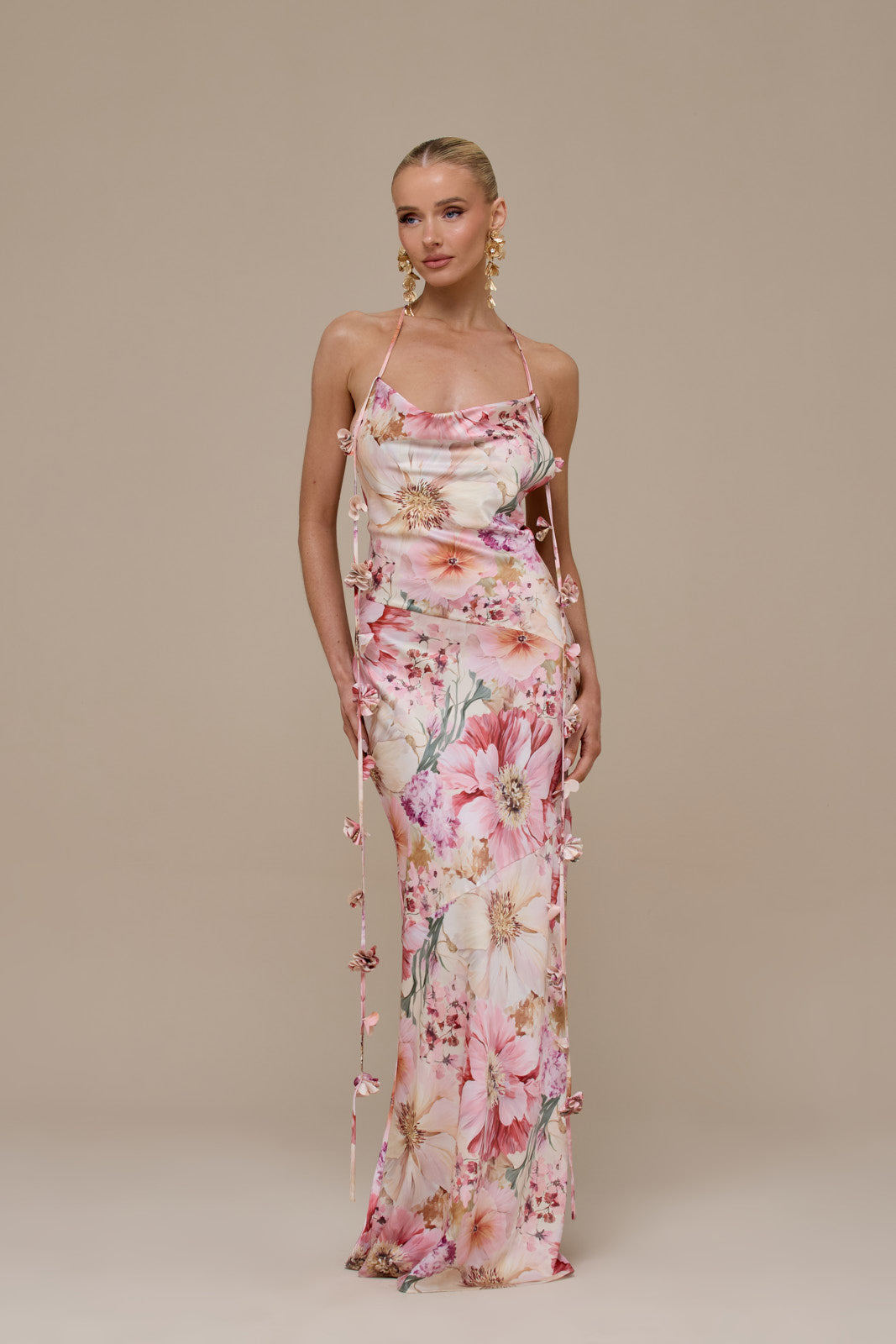 ARIA SATIN COWL NECK  MAXI DRESS WITH FLOWER DETAIL | FLORAL PRINT
