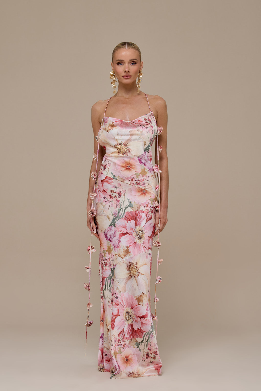 ARIA SATIN COWL NECK  MAXI DRESS WITH FLOWER DETAIL | FLORAL PRINT