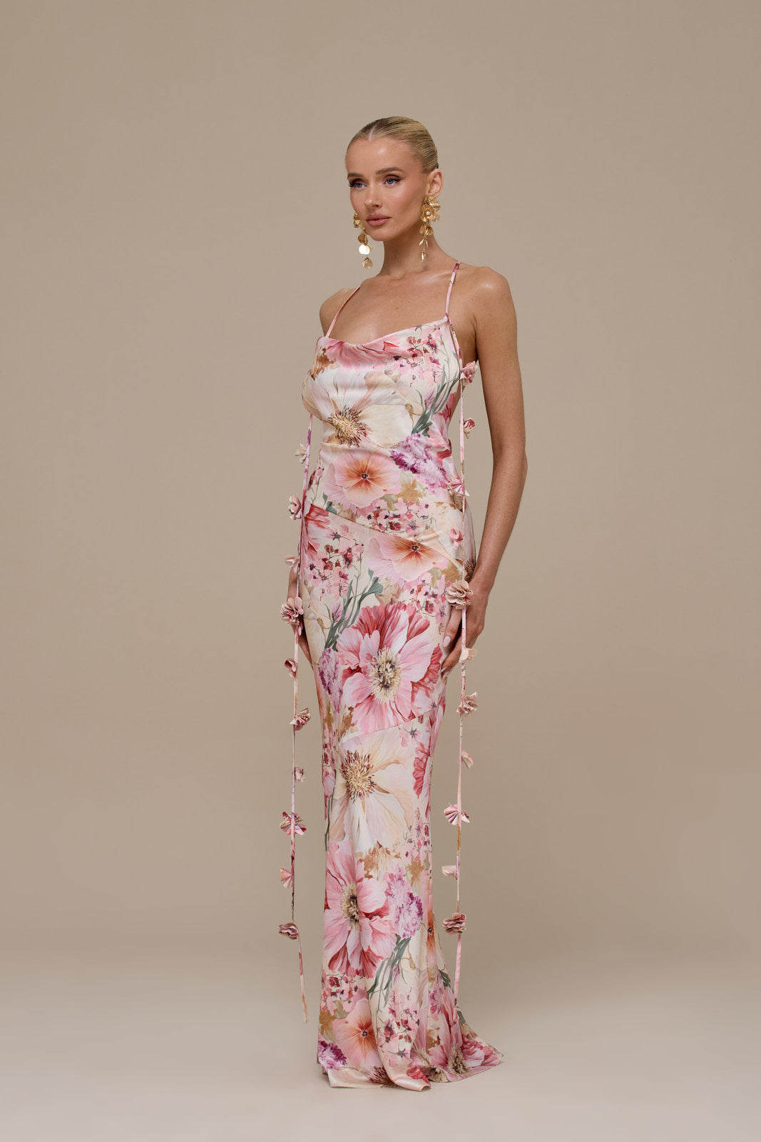 ARIA SATIN COWL NECK  MAXI DRESS WITH FLOWER DETAIL | FLORAL PRINT
