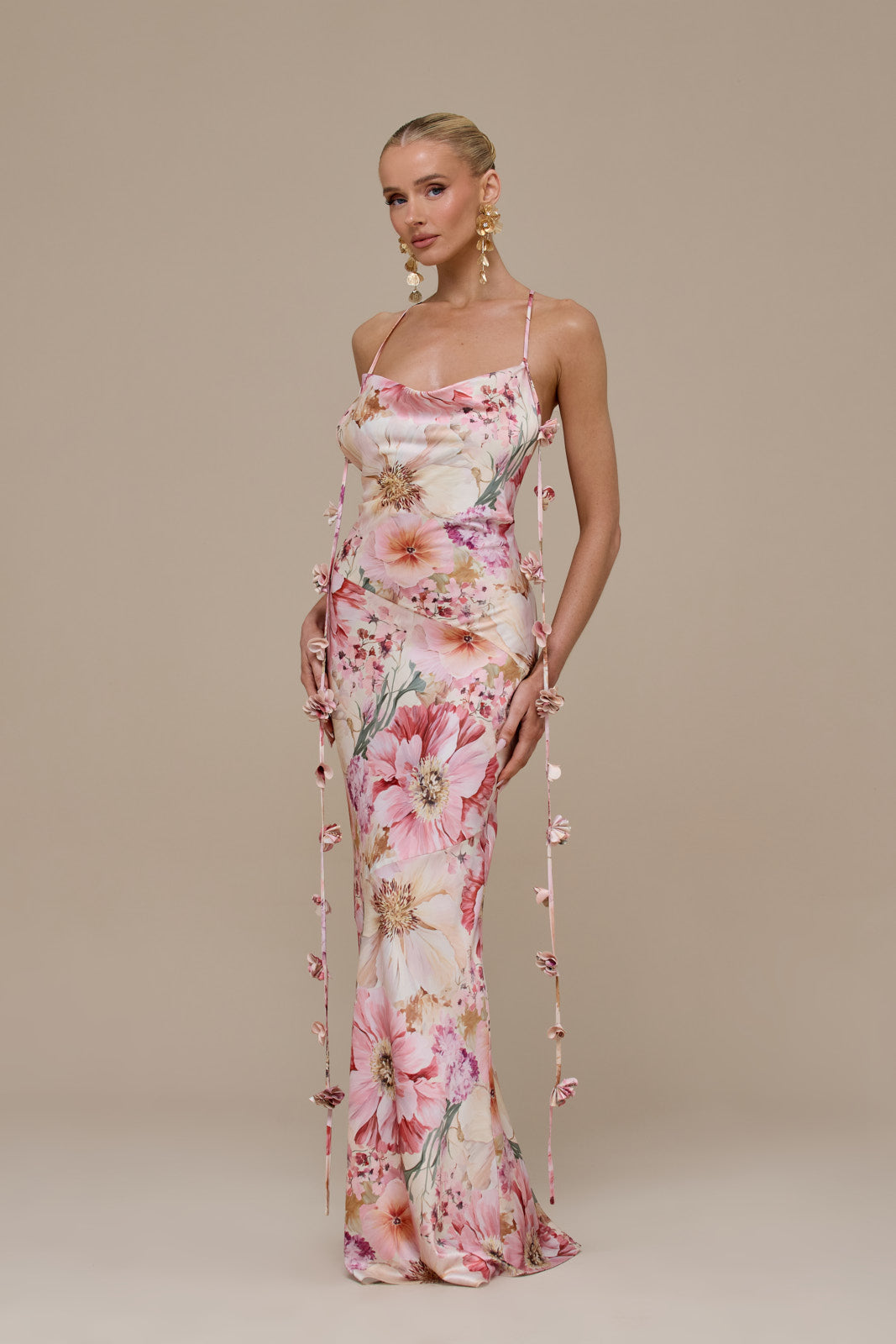 ARIA SATIN COWL NECK  MAXI DRESS WITH FLOWER DETAIL | FLORAL PRINT