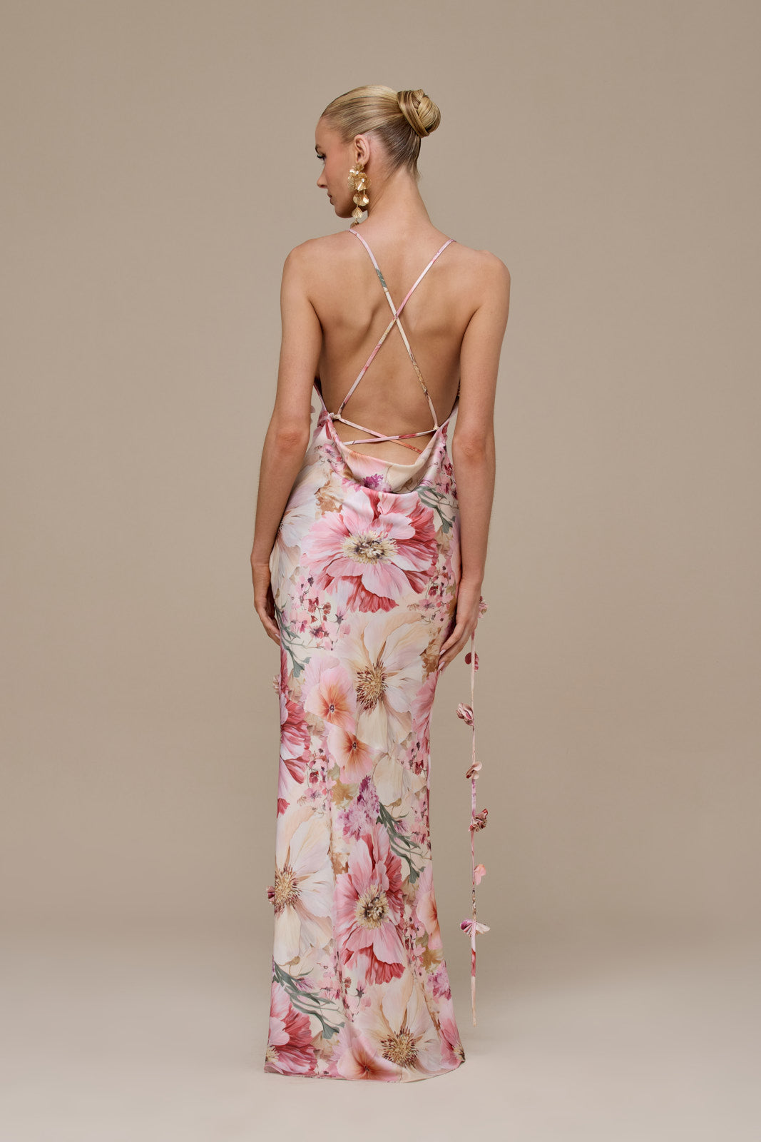ARIA SATIN COWL NECK  MAXI DRESS WITH FLOWER DETAIL | FLORAL PRINT