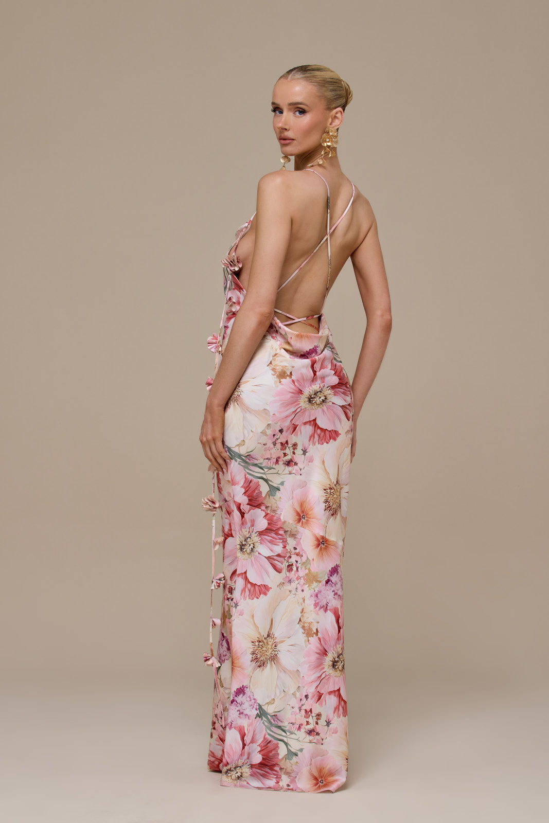 ARIA SATIN COWL NECK  MAXI DRESS WITH FLOWER DETAIL | FLORAL PRINT